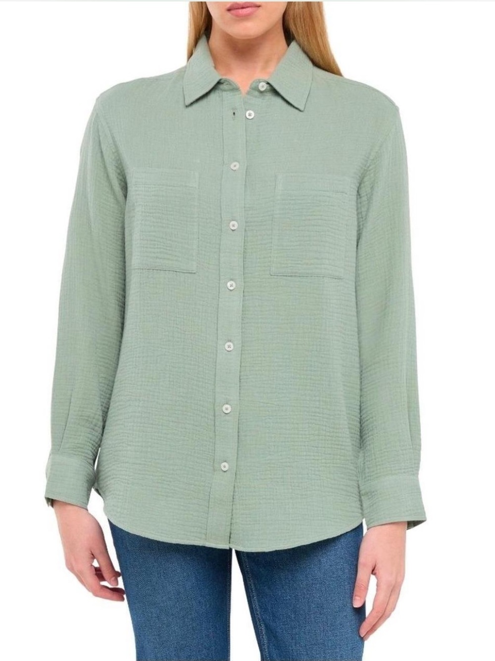 GAP Cotton Gauze Green Button-Up Shirt - Long Sleeve